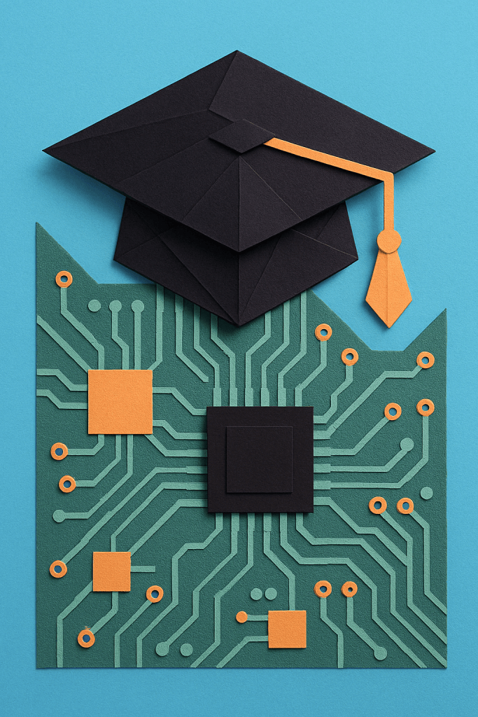 This is a cut-paper illustration of a graduation cap with a computer chip behind it.